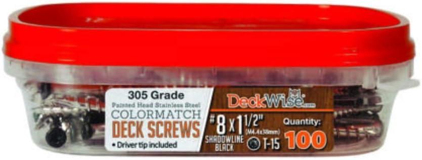 DeckWise #8x1-1/2" Stainless Steel Trim-Head Deck Screws, Black, T15 Head, Covers 50 Sq. Ft. of Decking (100 Pack)