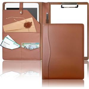 Padfolio Portfolio Binder, Leather Clipboard Folder Briefcase Loose-Leaf Binder with Cover Brown Folder with Pockets Resume Folder for Business School Office Meeting Men Women's Business (A4, Brown)
