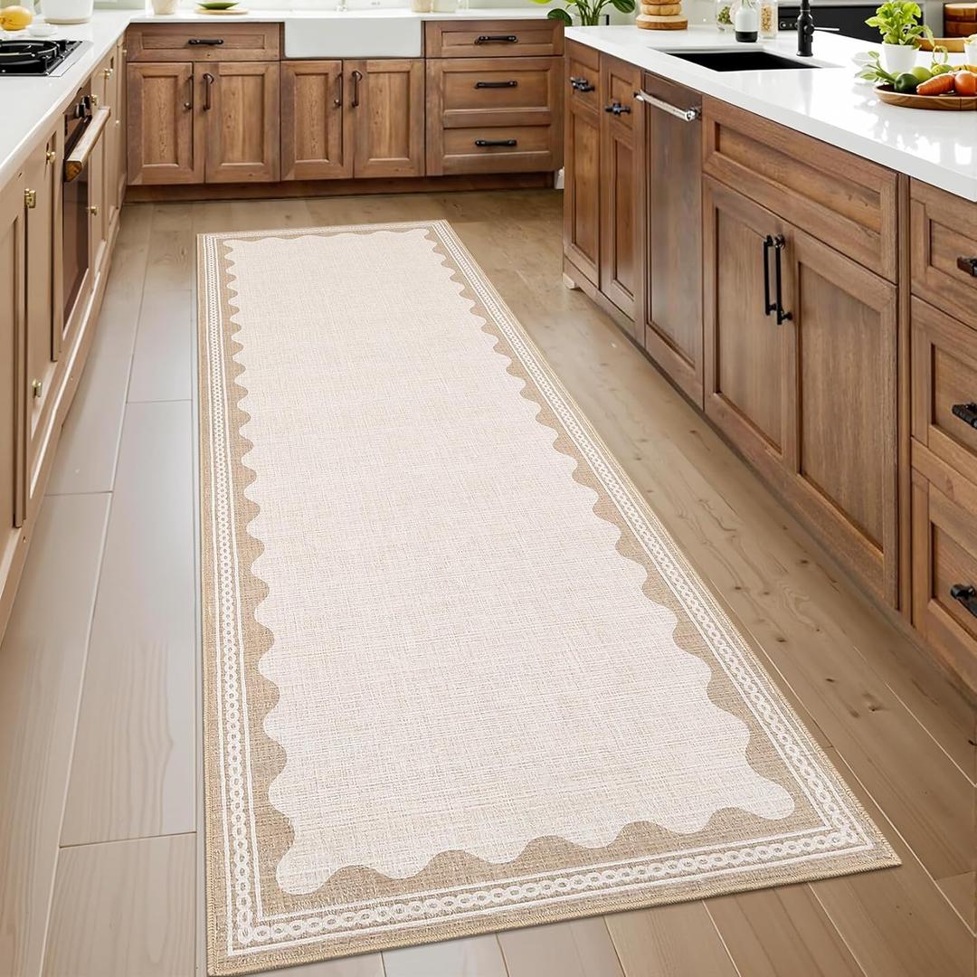 GarveeHome Scalloped 2x6 Runner Rug for Hallway Washable Kitchen Rugs Non Slip Solid Beige Modern Soft Low-Pile Indoor Carpet for Entryway Laundry Room Floor Mats