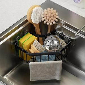 Corner Sink Sponge Drying Rack with Towel Bar, Black Stainless Steel, Multipurpose Kitchen Organizer, Self-Adhesive Installation