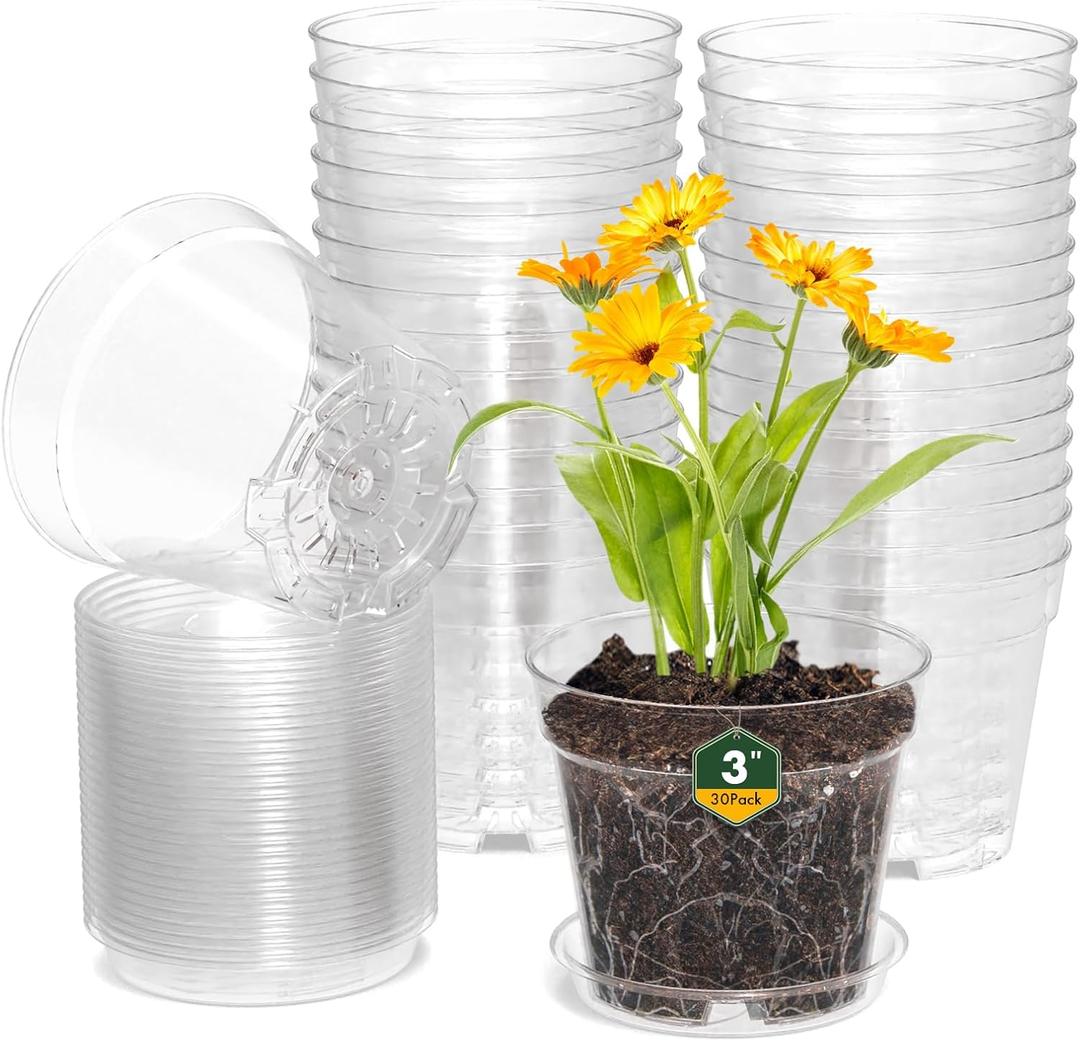 WSMKSZ 3 Inch Clear Nursery Pots, 30 Pack Highly Transparent Plastic Seedling Starter Planters with Drainage Holes and Trays for Flowers, Small Plant Pots for Indoor Plants