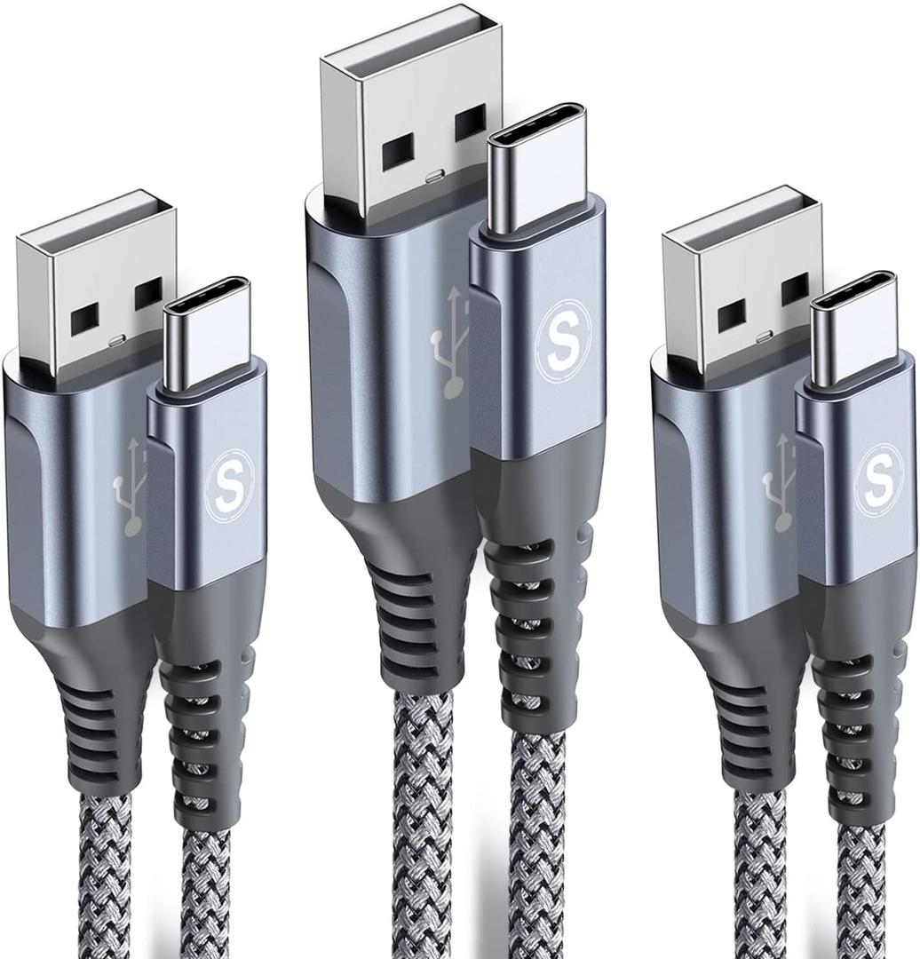 sweguard USB Type C Charger Cable [3-Pack,10ft+6.6ft+3.3ft] iPhone 15 Charger Nylon Braided Cord for iPhone 15 Pro Max Samsung Galaxy S23 S22 S21 S20 S10 S9 Note 20 10 Flip A53 A54 Pixel LG Moto PS5 (Grey)