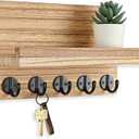 Key Holder for Wall, Decorative Key and Mail Holder with Shelf Has Large Key Hooks for Bags, Coats  Paulownia Wood Key Hanger with Mounting Hardware (9.8W x 6.7H x 4.2D) (Burnt Wood)