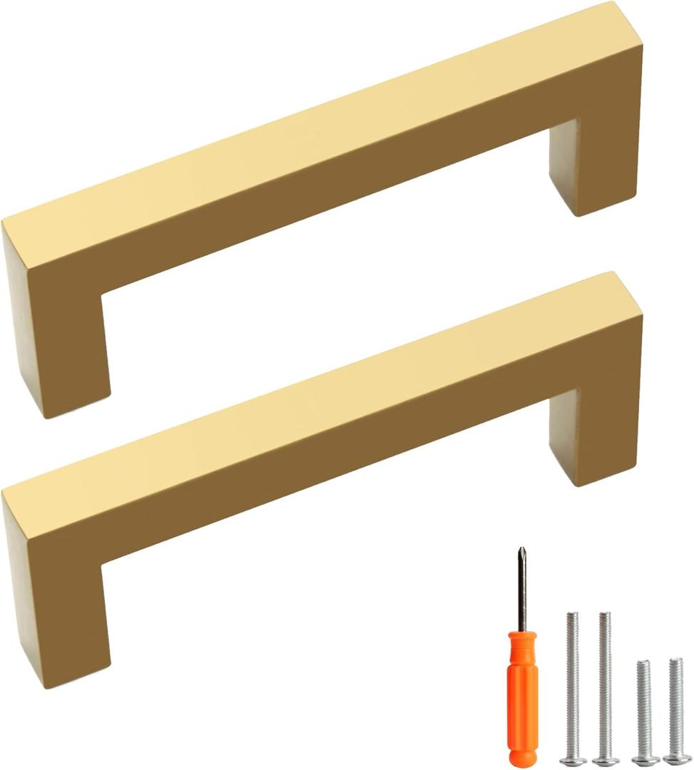 Cabinet Pulls Gold Cabinet Handles Square Drawer Pulls, 10 Pack 3-3/4 Inch Stainless Steel Kitchen Door Cupboard Cabinet Handles, Drawer Hardware Handles, 96mm Hole Centers