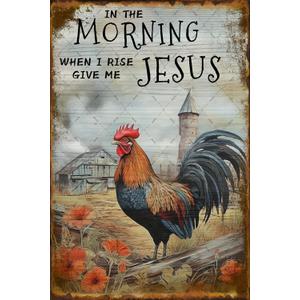 Rooster Decor Crowing Farm Fence Wall Plaque Jenifu In The Morning When I Rise Give Me Vintage Metal Tin Sign For Kitchen Home Garden Farmhouse Yard Farm Decorative Home Decor Signs Funny Wall Decor 8x12 Inch