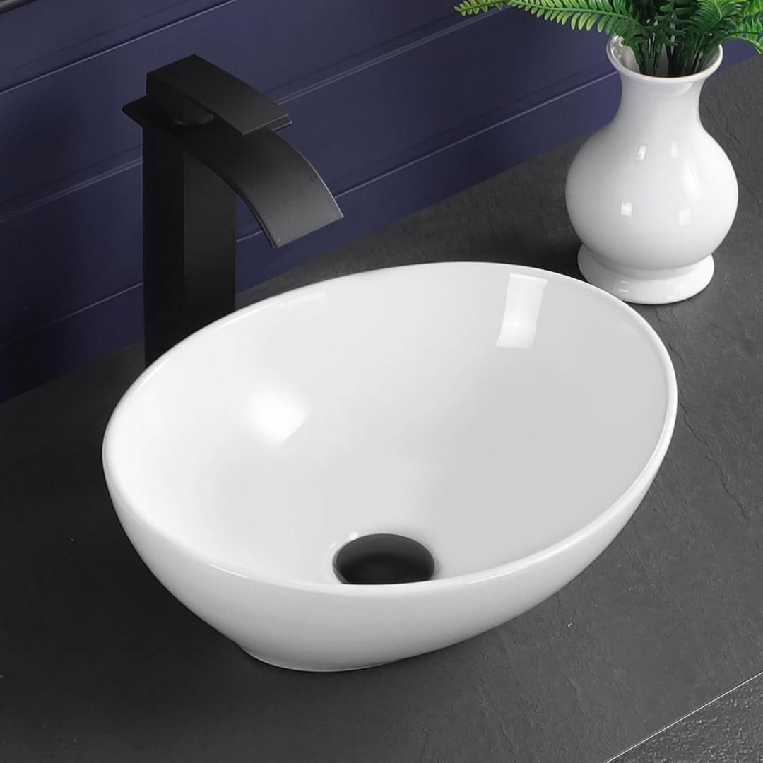 Vessel Sink 16"x13" Oval Bathroom Sink Modern White Porcelain Ceramic Above Counter Drop-in Vanity Sink for Bathrooms Art Basin, 16.2"x13"x5.7"