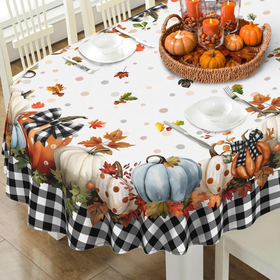 Fall Pumpkin Tablecloth Thanksgiving Autumn Buffalo Plaid Table Cloth 60"x102", Waterproof and Reusable Table Cover for Fall Harvest Party Decoration