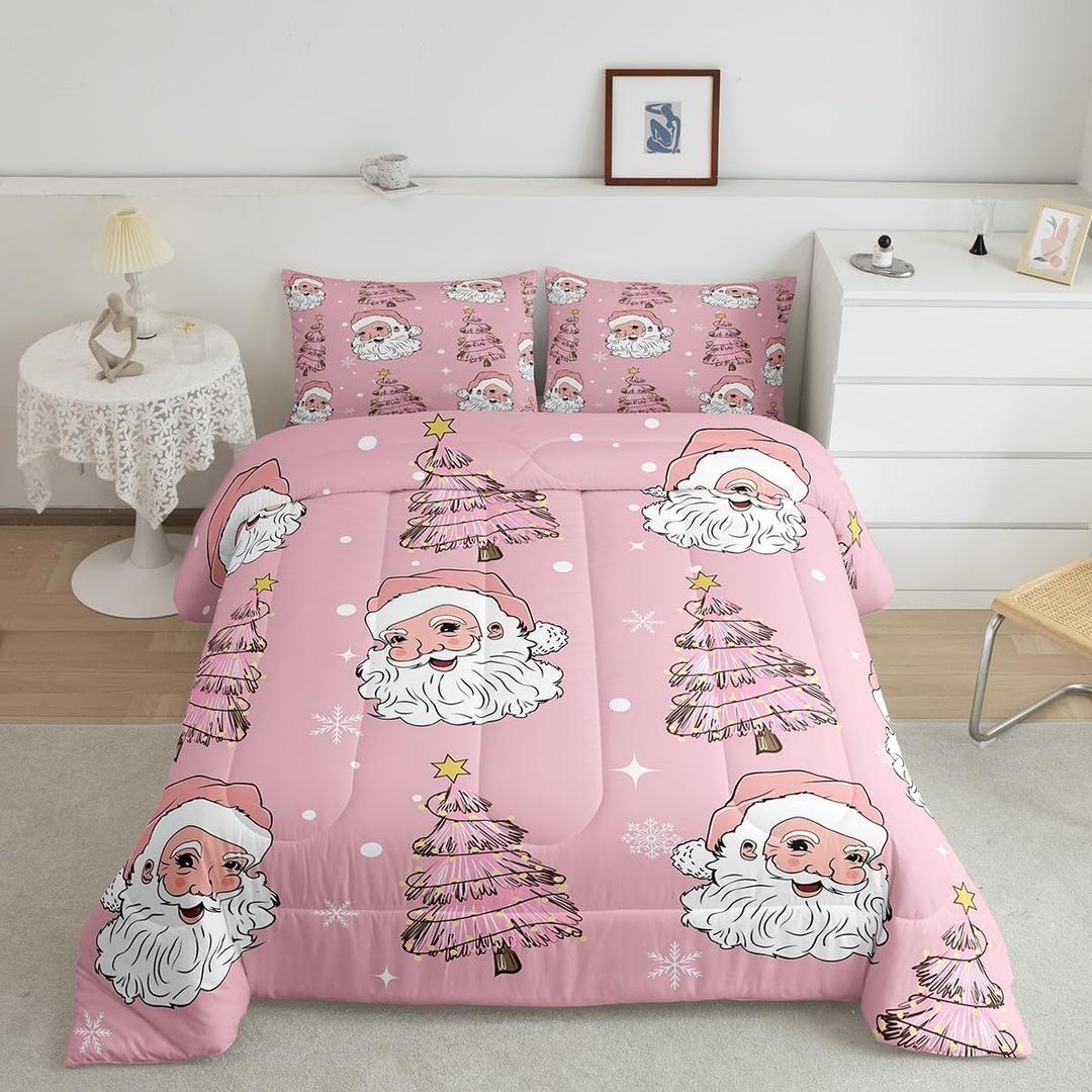 Castle Fairy Santa Claus Comforter Set,Pink Christmas Tree Bedding Set for Kids Girls Women,Adults Xmas Theme Comforter,Snowflake Quilted Duvet Set Bedroom Collection Twin Size 2Pcs