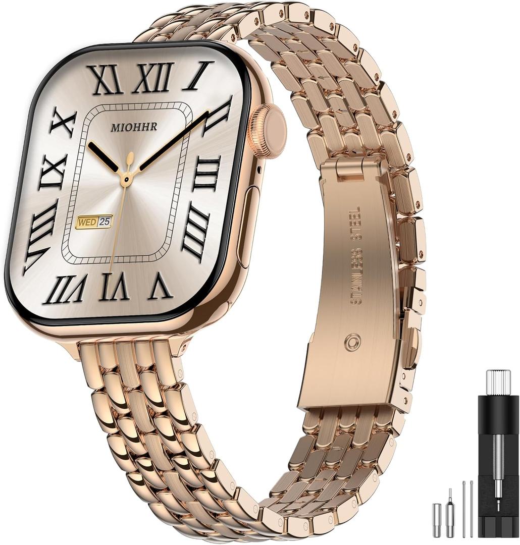 MioHHR Slim Metal Bands Compatible with Apple Watch Band 38mm 40mm 41mm 42mm (Series 11 10), Thin Stainless Steel Strap Bands for Women iWatch Series 11 10 9 8 7 6 5 4 3 2 1 SE3/2/1, Rose Gold