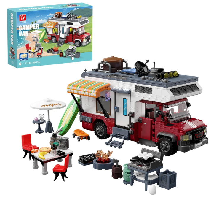 City Camper Van Building Set-Beach Camping Themed Construction Toy Kit with Mini Accessories&Lights, RV Car Model Compatible with Legos,Birthday Gift for Adults and Kids 6+(880 pcs)