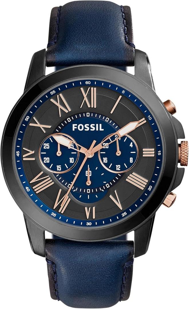 Fossil Men's Grant Quartz Stainless Steel and Leather Chronograph Watch (Blue, Black)