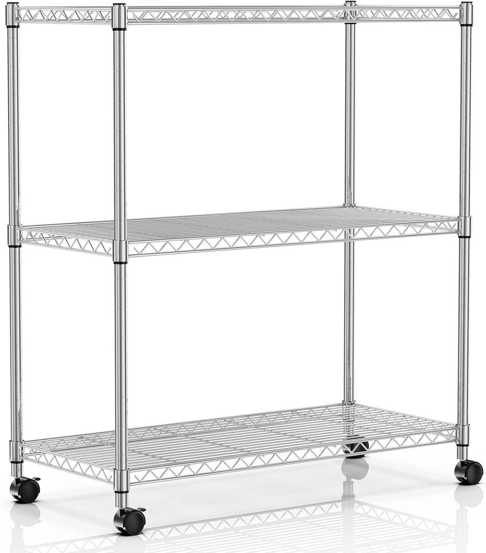 Simple Deluxe 3-Tier Heavy Duty Storage Shelves 750Lb Capacity, 24.02" D x 13.78" W x 29.92" H Adjustable Shelving Unit with Wheels, Chrome