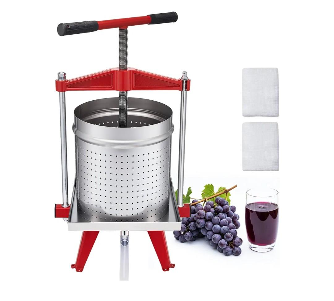 VEVOR Fruit Wine Press, 3.96Gal/15L, Stainless Steel Manual Juice Maker, Heavy Duty T-Shaped Handle & Cross-beam for Cider Apple Grape Vegetable Press, with 2 Filter Bags, for Kitchen Home Brewing