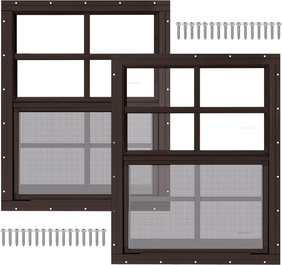 2 Pack 18" x 23" Brown Shed Window with Tempered Glass and Fiberglass Screen Household Sliding Windows with Screws for Shed, Chicken Coop, Playhouse, Garage and Barns