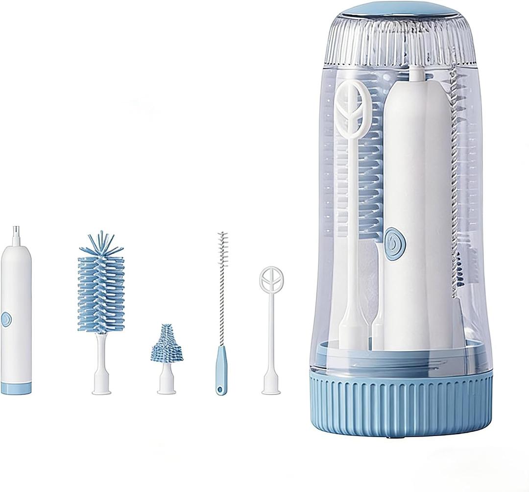 Portable Electric Silicone Bottle Brush Set, 7-in-1 UV Light USB Charging, Nipple/Straw Cleaner, Milk Mixer, Built-in Drying Rack & Storage Case, BPA-Free, IPX7, On-the-Go for New Parents