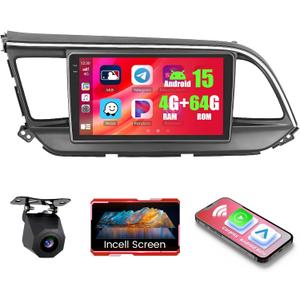 4+64GB Android 15 for Hyundai Elantra 2019 2020 Car Radio Wireless Carplay Android Auto, Stereo with 9" in-Cell Touch Screen WiFi Bluetooth5.0 GPS FM/RDS EQ SWC + Backup Camera MIC