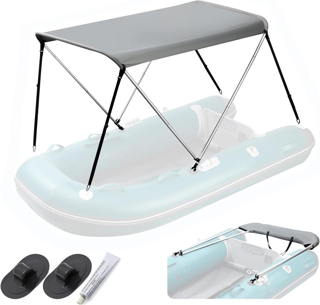 Bimini Top for Inflatable Boat (Width 3.3-4.6 ft) with Mounting Hardware,2 Bow Sun Shade Canopy Accessories with Storage Boots 63" Lx39-55" Wx43.3H (Inflatable Boat Bimini top Set)
