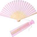 24pcs Imitated Silk Hand Fan Imitated Silk Fabric Bamboo Handheld Folded Fan Bridal Dancing Props Church Wedding Party Favors with Organza Bags (Pink)