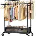 Double Rod Clothes Rack, Room Space Saving Organize, Bottom Basket | 10 Minutes Tool-Free Assembly, Heavy Duty 210 LBS, Anti-Wobble Design, Smooth Rolling Wheels, Bedroom, Dorm, Apartment