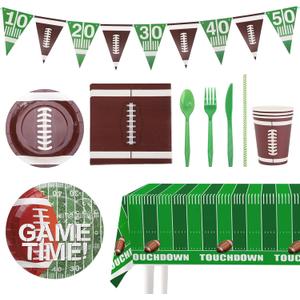 Football Themed Birthday Party supplies 194Pcs Disposable Party Decorations Includes Paper Plates, Napkin, Fork, Knives Spoons Cups, Tablecloth, Banner Straws for Game Bowl Party Decorations Serves 24