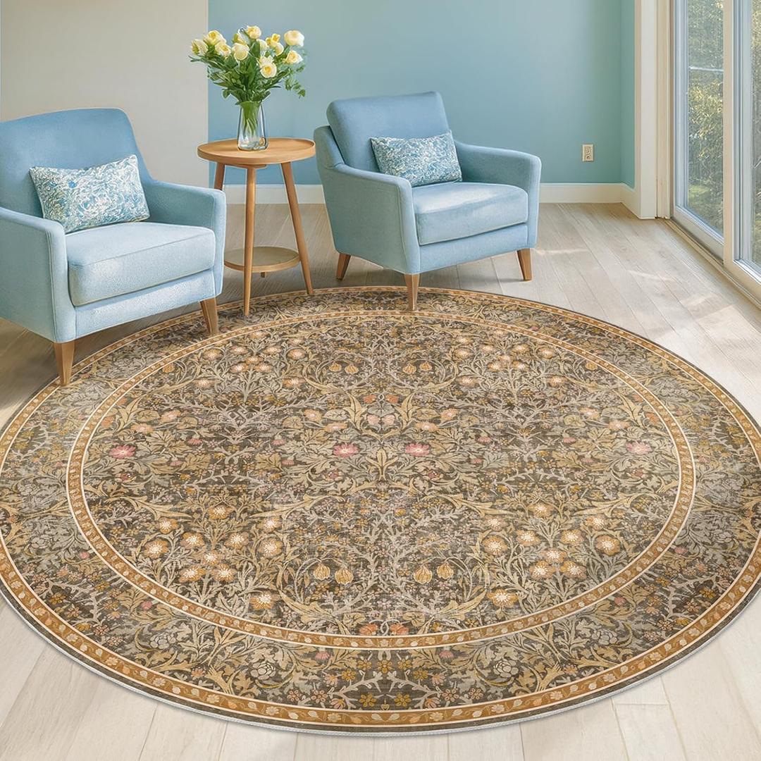 Brown Gold 6ft Round Washable Rug for Living Room - Vintage Botanical Floral, Washable Low Pile Non-Slip Circle Area Rugs for Dining Under Table, Bedroom, Lounge