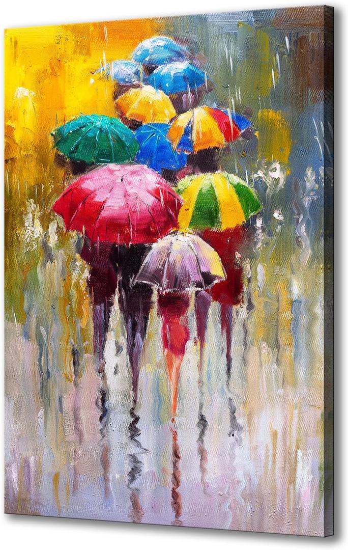 KLVOS Large Canvas Print Wall Art- 24x36 Colorful Umbrella Office Worker Walking in the Rain Canvas Oil Painting Picture Artworks Modern Landscape for Home Wall Decor Ready to Hang