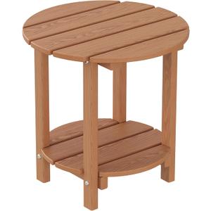 2 Tier Round Outdoor Side Table with Wood-Like Grain, HDPE Adirondack Table Patio Side Table, Weather Resistant End Table for Pool, Patio & Porch, Small Outdoor Table (Teak, Round)