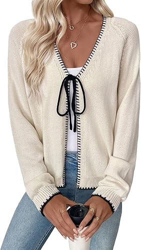 EVALESS Womens Cardigan Sweaters Trendy V Neck Long Sleeve Open Front Bow Tie Knit Chunky Lightweight Fall Outerwear Large