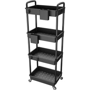 4 Tier Rolling Utility Cart with Handle, REBECAT Utility Cart Made of Multifunctional Storage Organizer Tool for Kitchen, Bathroom, Living Room, Office(Black)