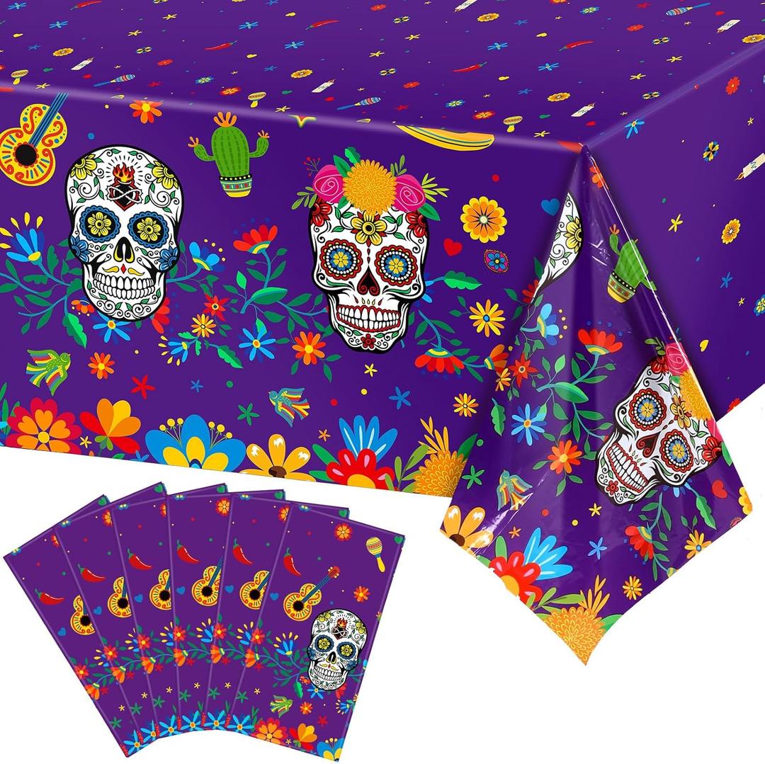 Irenare Day of The Dead Plastic Tablecloth Dia De Los Muertos Sugar Skull Table Cloth Disposable Rectangle Table Cover for Halloween Mexican Birthday Coco Party Supplies, 54 x 108 Inch(Purple,6 Pcs)