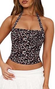 Women's Y2K Mesh Crop Halter Tank Top Sexy Backless Leopard Cheetah Print Cute Going Out Tops for Women Trendy XS