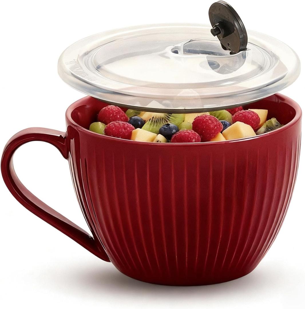 Red Ceramic Soup Bowl with Handle & Lid, 24oz Jumbo Soup Mug - Microwave & Dishwasher Safe Ceramic Ramen Bowl for Soup, Oatmeal, Salad (1 Pack), Red 
