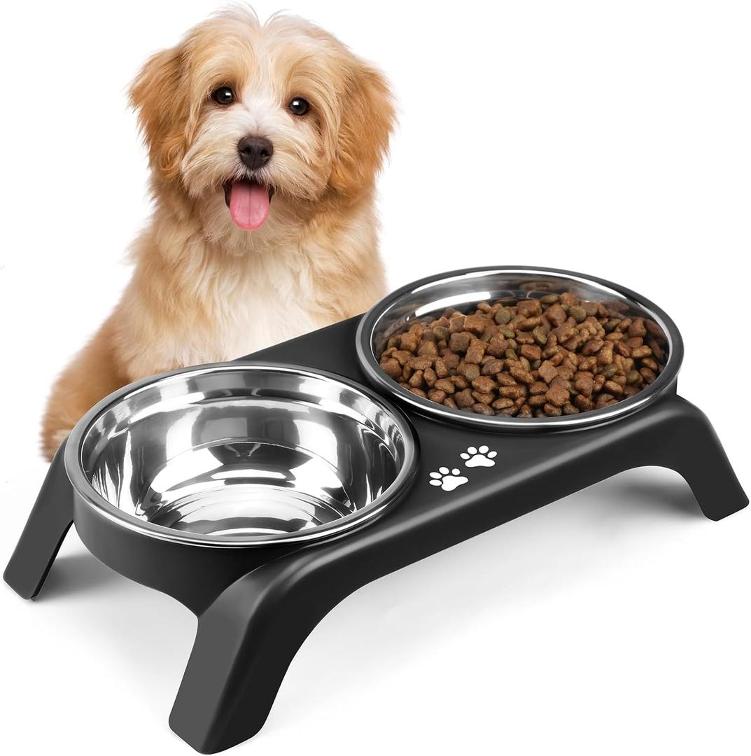 Elevated Dog Bowls for Small Dogs, 3 High Raised Dog Bowl Stand with Dual 5 Stainless Steel Bowls Non-Slip Pet Feeder for Puppy and Cats, Dishwasher Safe, Black
