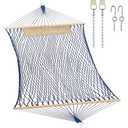 JoyView Traditional Rope Double Hammock - Hand Woven Cotton Hammock with Hardwood Spreader Bar and Pillow 450lb Capacity for Outdoor Indoor Patio Yard - Blue