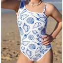 Milumia Girl's One Piece Swimsuits Seashell Print Asymmetrical Neck Bathing Suits Beachwear White 10 Years (Blue)