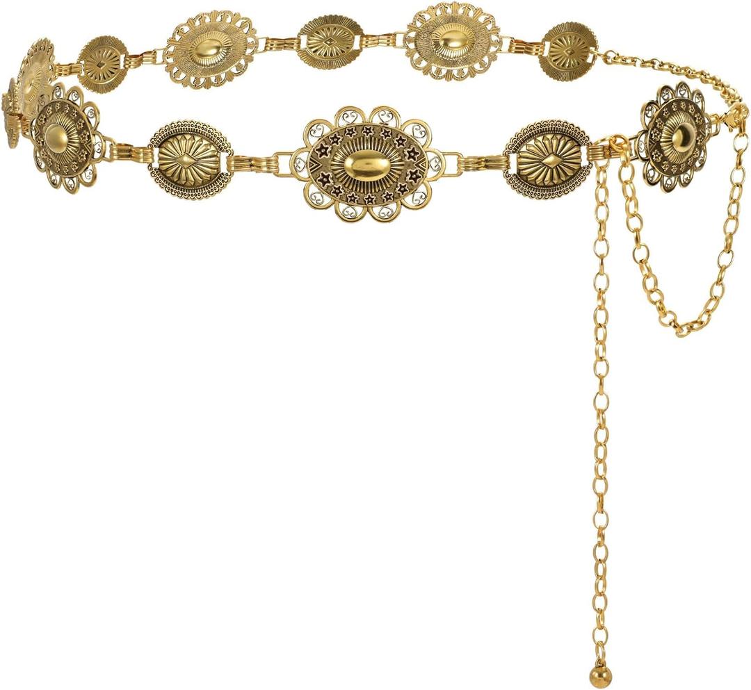JASGOOD Western Metal Concho Chain Belt for Women Cowgirl Boho Waist Chain Country Concert Outfit for Dress (Length 51.2"(Suit waist size 33"-38"), Antique Gold)