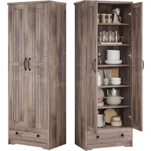 Decofy 70" Tall Storage Cabinets, Large Wood Storage Pantry Cabinet with 6 Adjustable Shelves, 2 Striped Doors & Drawer, Standing Utility Cabinet for Kitchen, Bathroom, Dining Room, Antique (Brown)