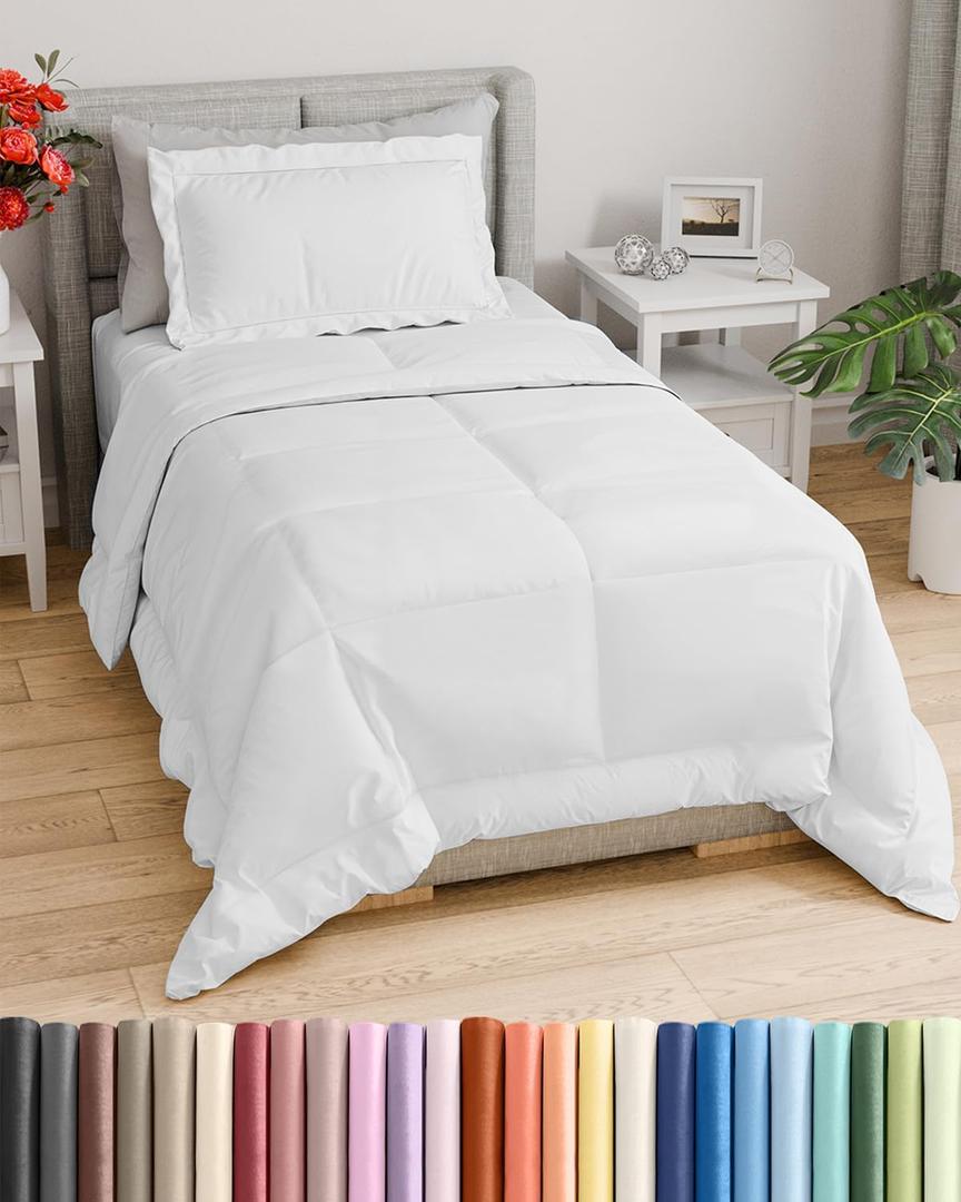 Twin Comforter Set - 2 Piece Bed Set for All Seasons - 1 Soft Quilted Comforter with Corner Tabs & 1 Pillow Sham - Comfy, Cozy & Breathable - Premium Down Duvet Insert - Oeko-TEX - Twin Size, White