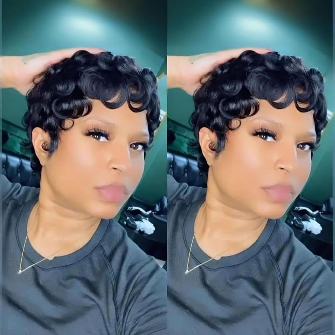 VRZ Short Pixie wigs for Black Women Pixie Cut Curly Human Hair Wig for Black Women Glueless Short Layered Pixie Cut Wigs With Bangs Natural Black Color for Daily Use