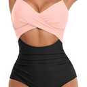 Eomenie Women's One Piece Swimsuits Tummy Control Cutout High Waisted Bathing Suit Wrap Tie Back 1 Piece Swimsuit (Large, Black Pink)