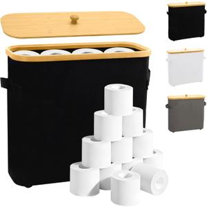 MinBoo Toilet Paper Basket, Storage with Lid, Toilet Paper Organizer for Bathroom, Free Standing Toilet Paper Holder with Storage,Black