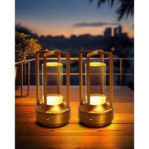 Set of 2 Cordless Table Lamps, LED Rechargeable Battery Operated Desk Lamps with 3 Color Stepless Dimmable, Small Light Portable for Outdoor Patio Bar Restaurants Bedroom Bedside (Gold)