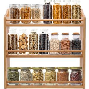 3 Tier Bamboo Spice Rack, Seasoning Jars Rack Shelf Spice Organizer for Kitchen Counter or Wall Mounting