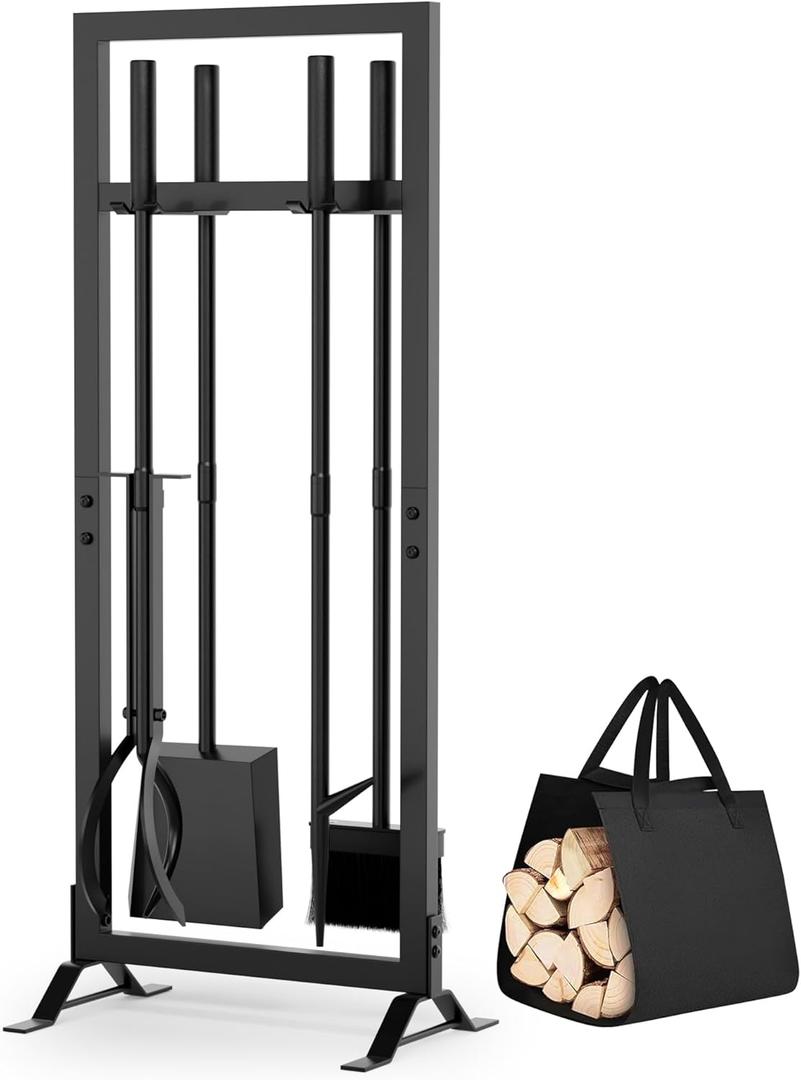 6 Pcs Fireplace Tools Set with Log Carrier, HXJLJY 34" Fireplace Accessories Sturdy Fire Tool Set Holder with Fire Poker Brush Shovel Tong Stand for Indoor Fireplace Outdoor Fire Pit Wood Stove,Square