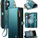 Defencase for Samsung Galaxy S25 Ultra Magnetic Wallet Case Compatible with Magsafe with RFID Blocking Zipper & Card Holder Women, PU Leather Detachable Phone Case for Galaxy S25 Ultra 6.9, Blue Green