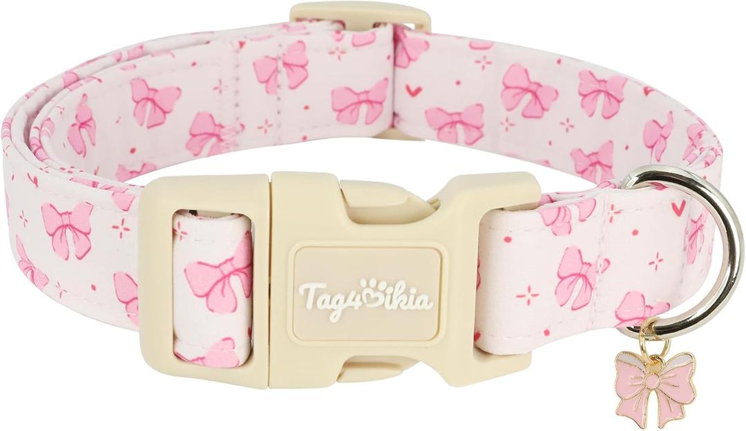 Pink Bow Dog Collar, Girl Dog Collars for Small Medium Large Dogs, Cute Cotton Puppy Collar with Adjustable Buckle, Gift for Female Dogs-S