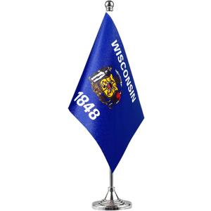 GentleGirl.USA State Flag Wisconsin WI Flag, Small Mini Wisconsin State Flag Desk Flag Stick Office Table Flag on Stand Base, US Festival Events Celebration Decoration, Desk Home Decoration