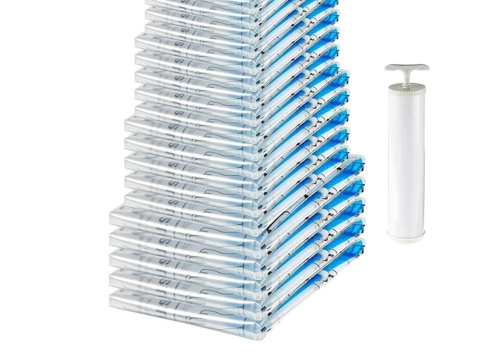 Amazon Basics Vacuum Storage Bags with Hand Pump for Travel, Space Saving Compression Bags for Clothes, Clothing, Blankets and Duvets, Clear, 20 Pack (5 Small, 5 Medium, 5 Large & 5 Jumbo)