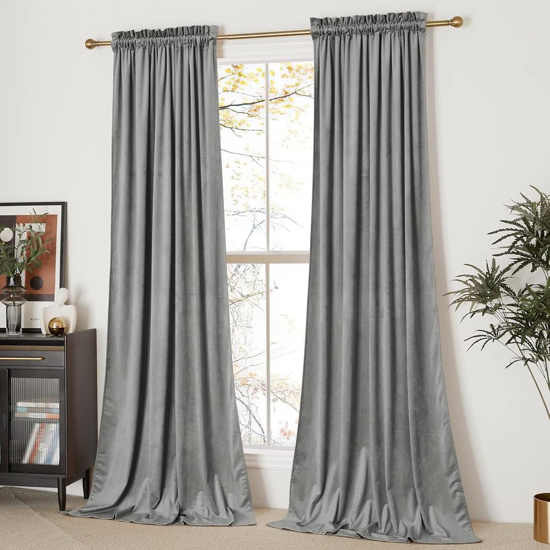 NICETOWN Super Soft Velvet Curtains 84 inches, Sound Reducing Cold Heat Insulated Heavy Matt Room Darkening Panels for Living Room (Light Grey, 2 Panels)