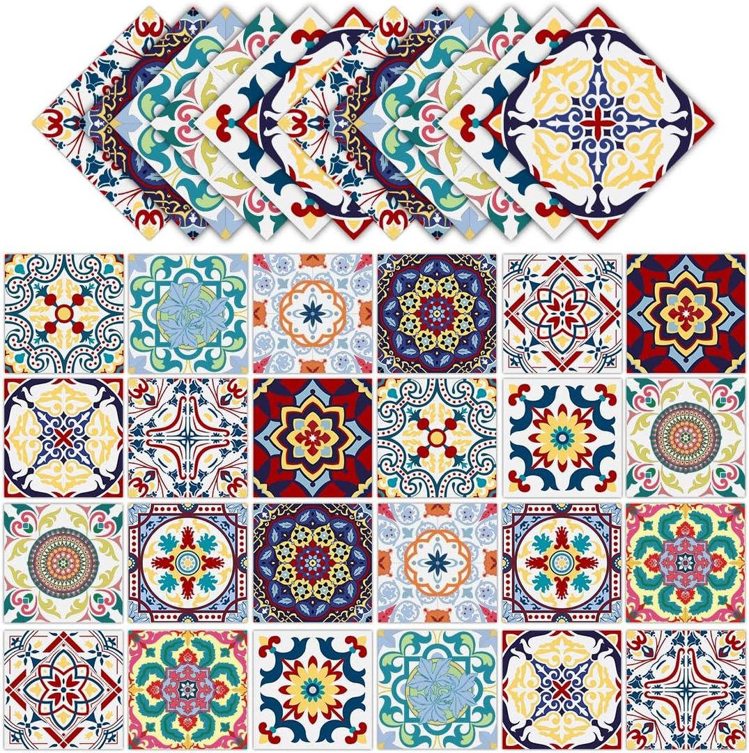 24 PCS(4"x4") Retro Mexican Tile Sticker Peel and Stick Wall Tiles Decals Talavera Tile Kitchen Backsplash Boho Stick on Cover Up Stickers Waterproof Murals
